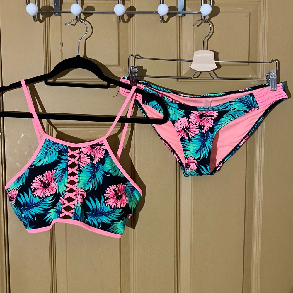 Coral tropics bikini swimsuit high neck strappy palm tropical print neon L 8 10